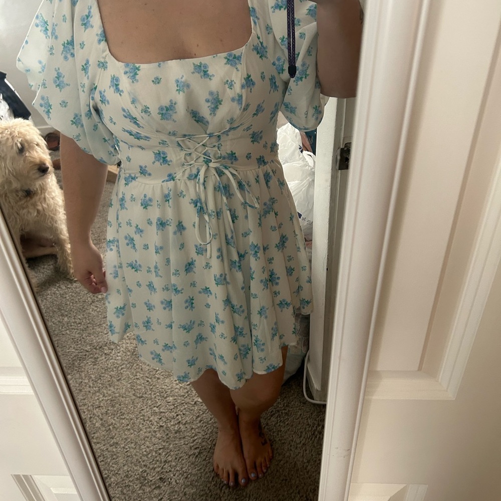 White and Blue Ruched Tie Front Sundress